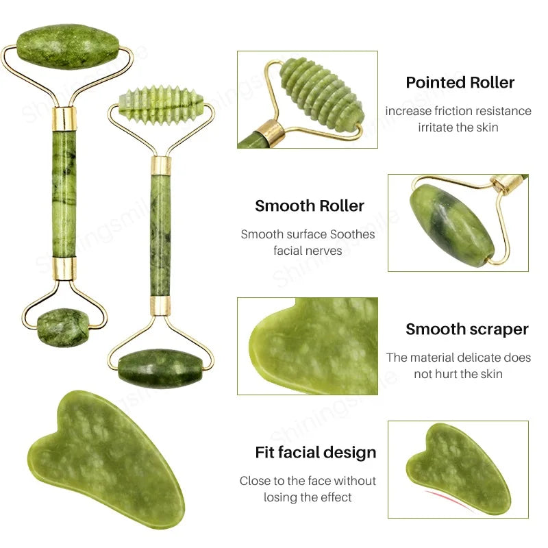 2pcs Gua Sha Massager Set for Face Care Jade Rollers Natural Stone Beauty Health Skin Scraping Chin Lifting Gouache Massage
