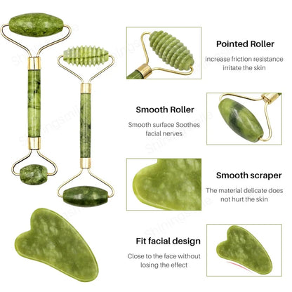 2pcs Gua Sha Massager Set for Face Care Jade Rollers Natural Stone Beauty Health Skin Scraping Chin Lifting Gouache Massage